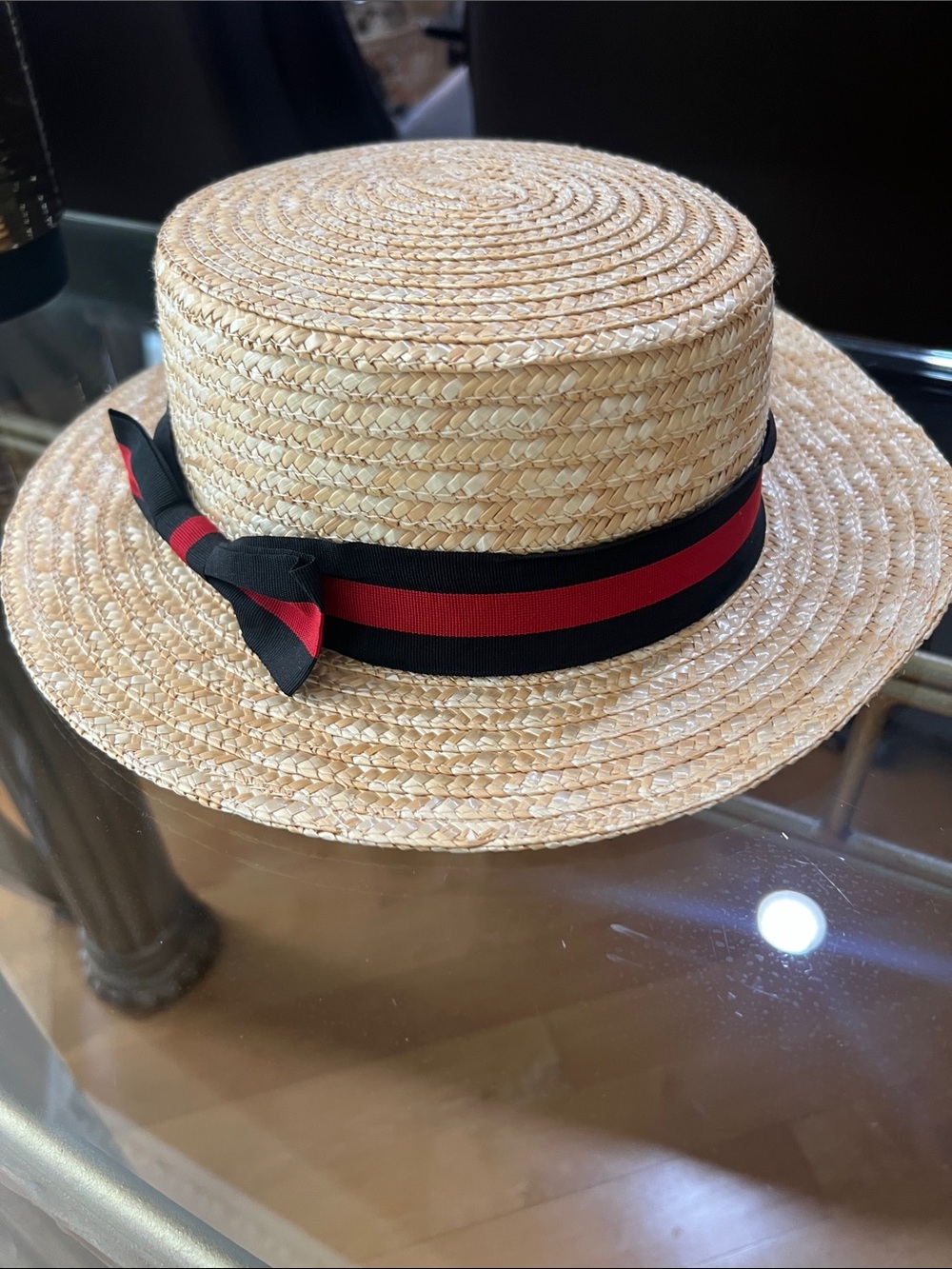 Men's Straw Boater Hat with Black and Red Ribbon